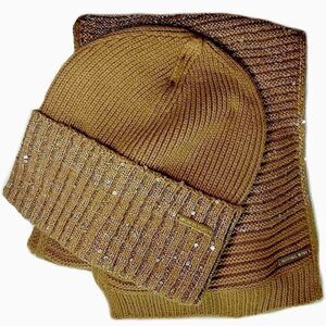 Michael Kors Women's Sequin Links Scarf & Hat Set Belly Band Set Brown and Gold